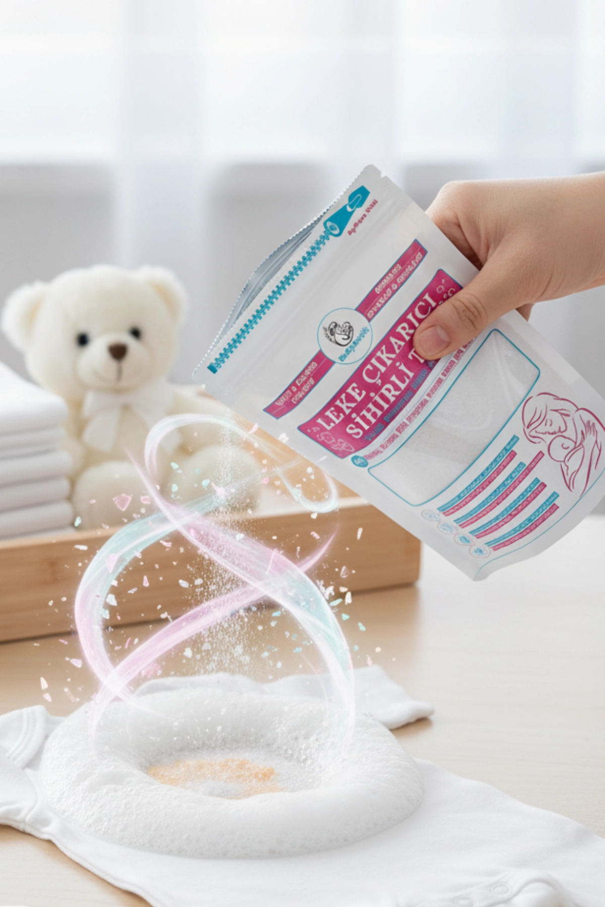 ebek kıyafetlerinden inatçı lekeleri güvenle çıkaran BabyMatik Leke Çıkarıcı Sihirli Toz.